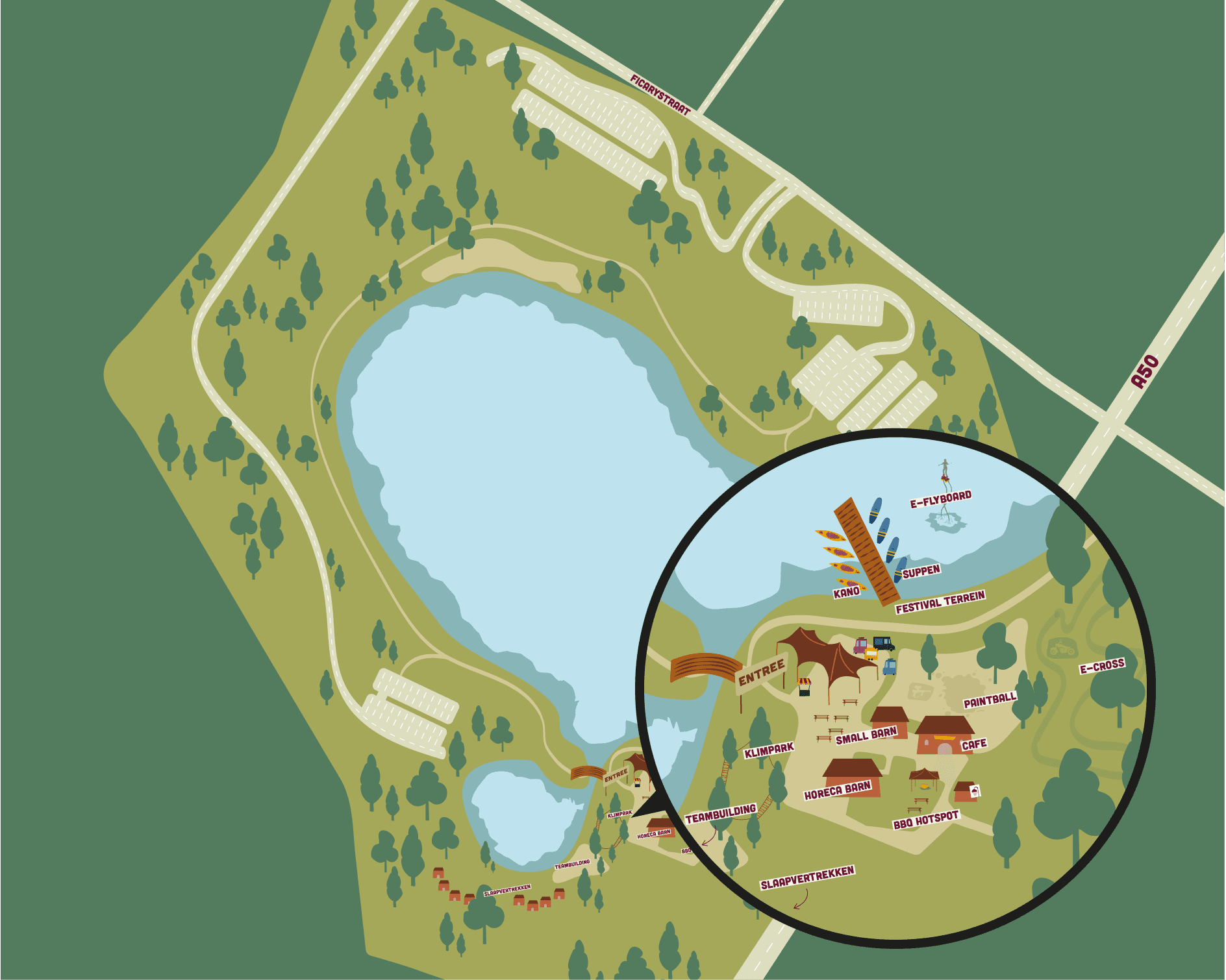 Illustratie van het terrein De Groene Heuvels met meer, bos en festivalvoorzieningen
